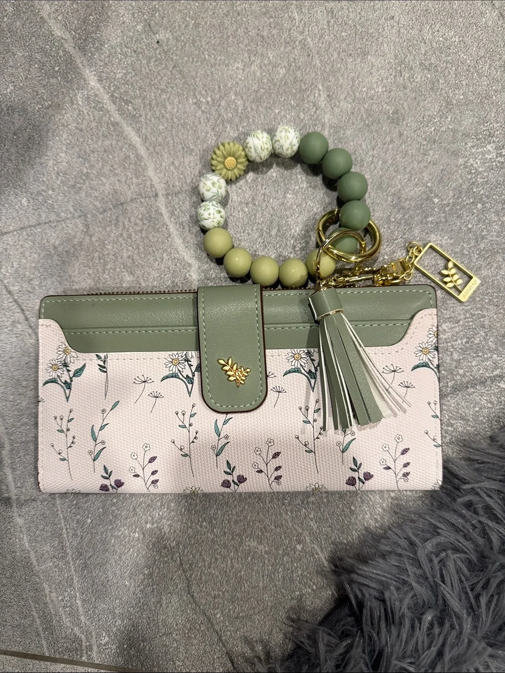Floral Printed Wristlet Wallet with Sage Trim and Wristlet Bracelet